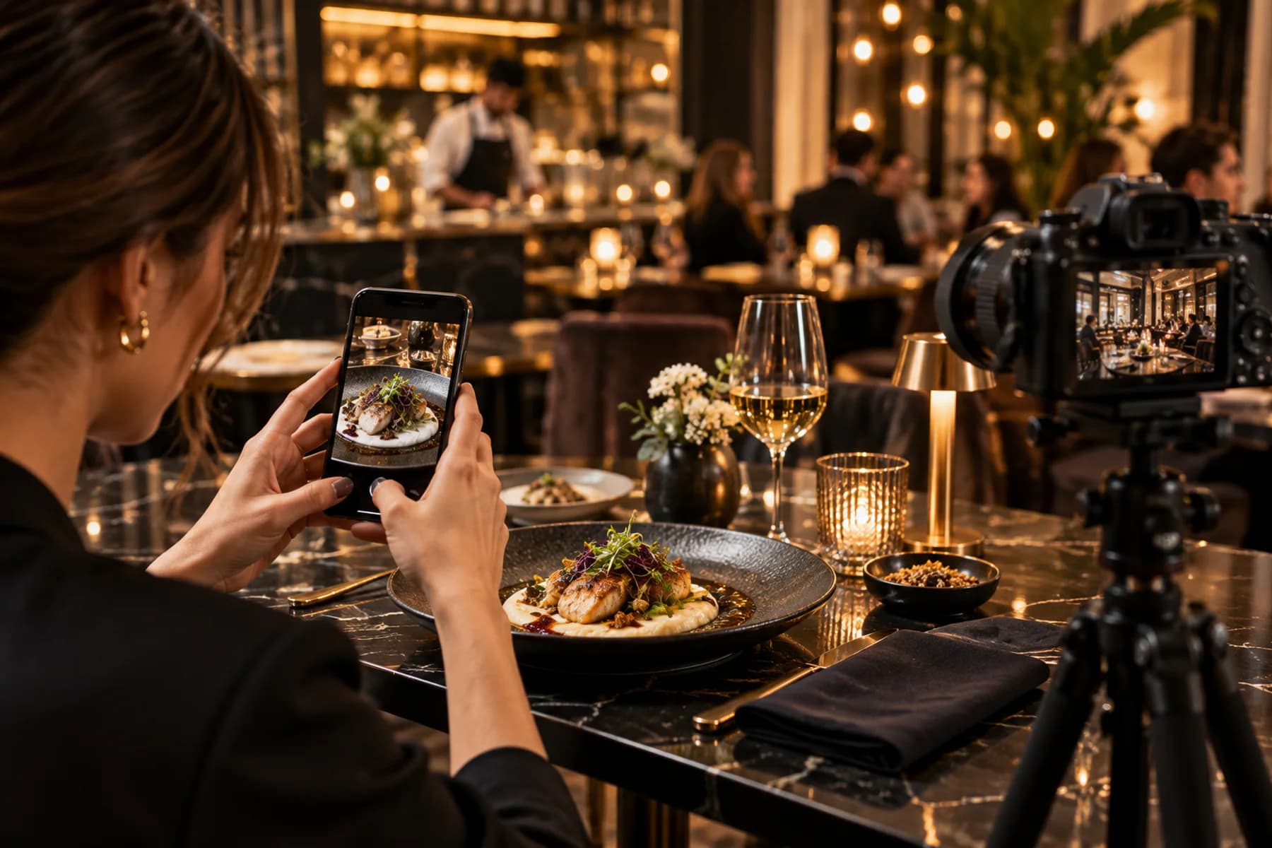 Restoran yeməyinin sosial media üçün foto və video çəkilişi