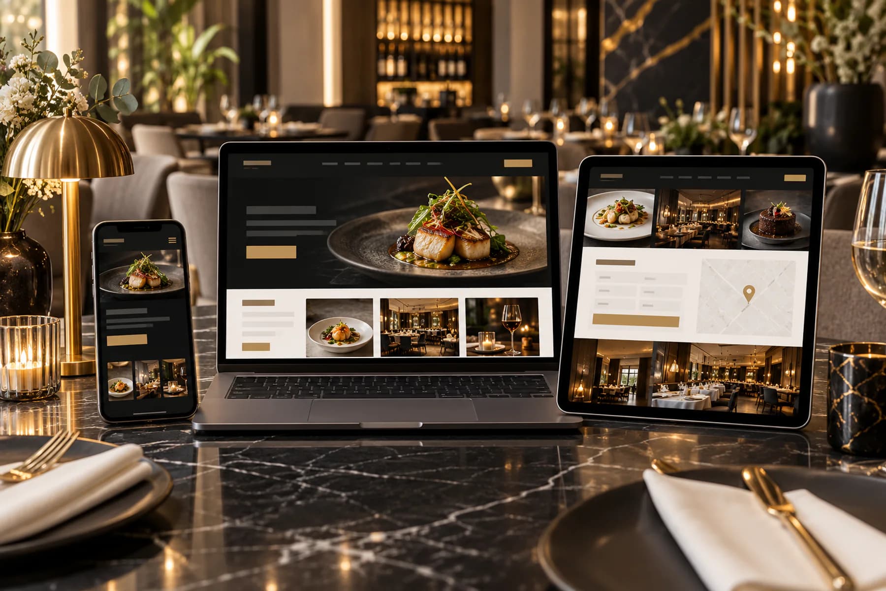 Restoran veb saytının telefon, noutbuk və planşetdə responsiv görünüşü